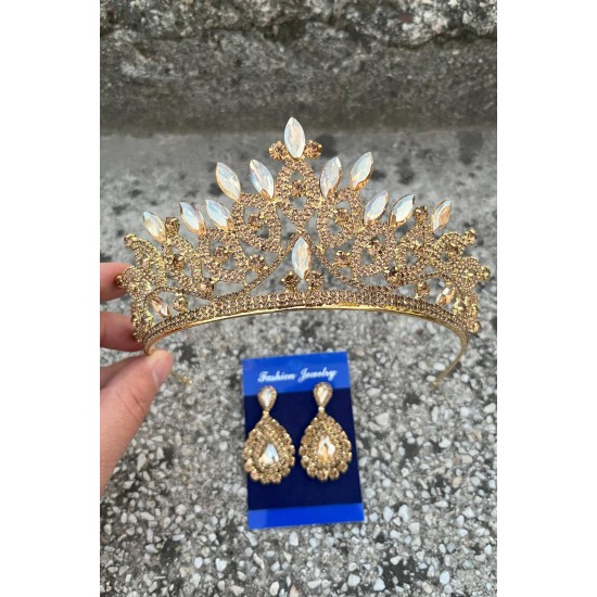 Grace Gold Gelin Tacı ve Damla Mekik Küpe Seti – Taşlı Düğün Abiye Aksesuar-GRACE-21 Grace Gold Gelin Tacı ve Damla Mekik Küpe Seti – Taşlı Düğün Abiye Aksesuar-GRACE-21