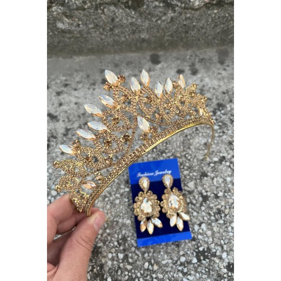 Grace Gold Gelin Tacı ve Üç Mekik Küpe Seti – Taşlı Düğün Abiye Aksesuar-GRACE-23 Grace Gold Gelin Tacı ve Üç Mekik Küpe Seti – Taşlı Düğün Abiye Aksesuar-GRACE-23