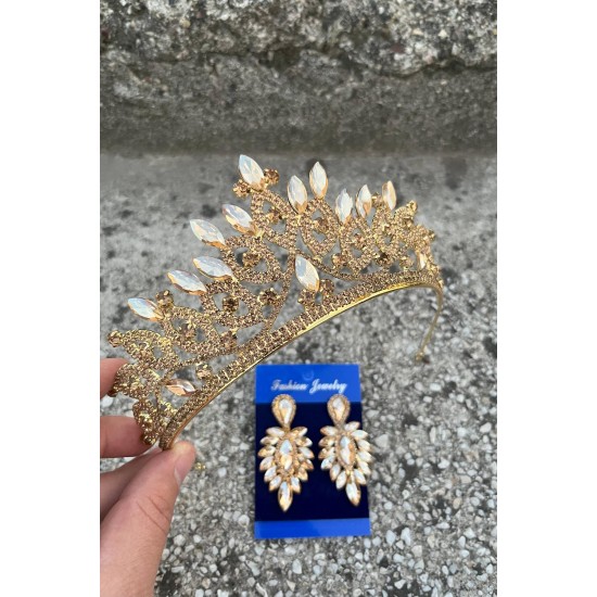 Grace Gold Gelin Tacı ve İnce Mekik Küpe Seti – Taşlı Düğün Abiye Aksesuar-GRACE-24 Grace Gold Gelin Tacı ve İnce Mekik Küpe Seti – Taşlı Düğün Abiye Aksesuar-GRACE-24