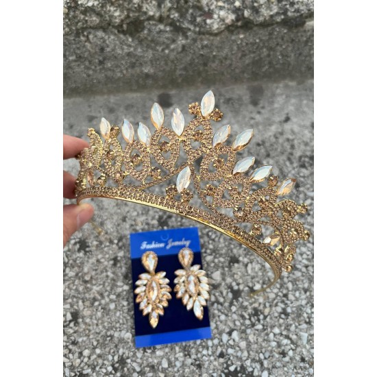 Grace Gold Gelin Tacı ve İnce Mekik Küpe Seti – Taşlı Düğün Abiye Aksesuar-GRACE-24 Grace Gold Gelin Tacı ve İnce Mekik Küpe Seti – Taşlı Düğün Abiye Aksesuar-GRACE-24
