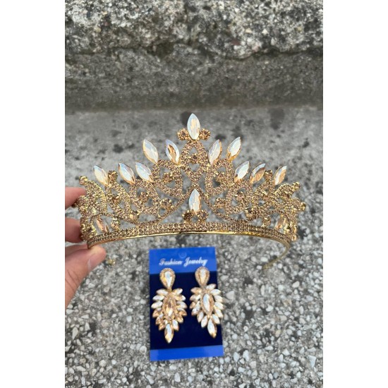 Grace Gold Gelin Tacı ve İnce Mekik Küpe Seti – Taşlı Düğün Abiye Aksesuar-GRACE-24 Grace Gold Gelin Tacı ve İnce Mekik Küpe Seti – Taşlı Düğün Abiye Aksesuar-GRACE-24