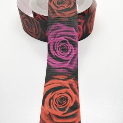Kırmızı Mor Gül Desenli Grogren Kurdele 4 cm 1 Metre-GRK-107