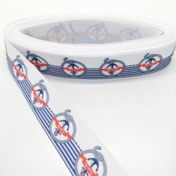 Beyaz Mavi Çapa Desenli Grogren Kurdele 2,5 cm 1 Metre-GRK-114