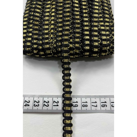 Aurelia &Ouml;rg&uuml; Şerit &ndash; 1 cm En &ndash; 1 Metre | Siyah Zemin Altın Sim Detaylı Dekoratif Şerit-HG-DS-028