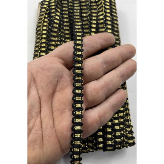 Aurelia &Ouml;rg&uuml; Şerit &ndash; 1 cm En &ndash; 1 Metre | Siyah Zemin Altın Sim Detaylı Dekoratif Şerit-HG-DS-028