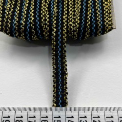 Celosia &Ouml;rg&uuml; Şerit &ndash; 1 cm En &ndash; 1 Metre | Siyah Zemin Altın ve Mavi Sim Detaylı-HG-DS-029