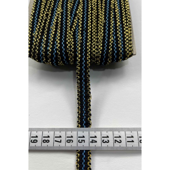 Celosia &Ouml;rg&uuml; Şerit &ndash; 1 cm En &ndash; 1 Metre | Siyah Zemin Altın ve Mavi Sim Detaylı-HG-DS-029