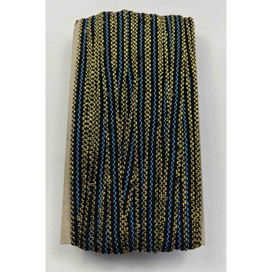 Celosia &Ouml;rg&uuml; Şerit &ndash; 1 cm En &ndash; 1 Metre | Siyah Zemin Altın ve Mavi Sim Detaylı-HG-DS-029