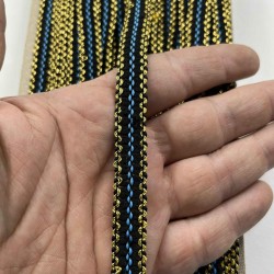 Celosia &Ouml;rg&uuml; Şerit &ndash; 1 cm En &ndash; 1 Metre | Siyah Zemin Altın ve Mavi Sim Detaylı-HG-DS-029