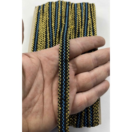 Celosia &Ouml;rg&uuml; Şerit &ndash; 1 cm En &ndash; 1 Metre | Siyah Zemin Altın ve Mavi Sim Detaylı-HG-DS-029