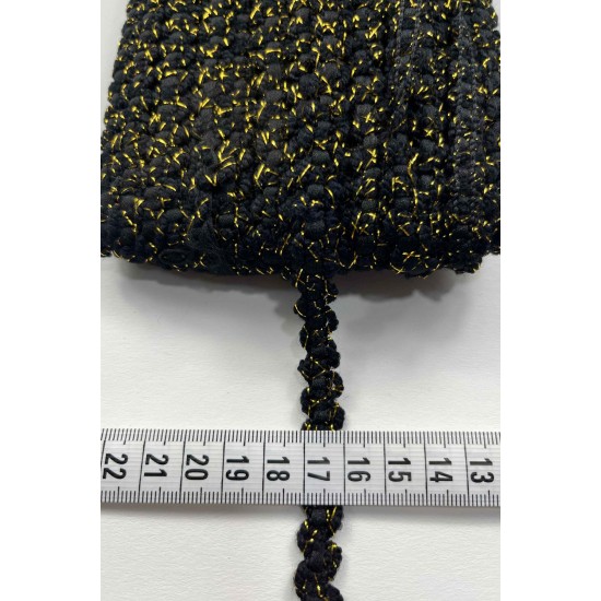 Lunaria &Ouml;rg&uuml; Şerit &ndash; 1 cm En &ndash; 1 Metre | Siyah Zemin Altın Sim Dokulu Dekoratif-HG-DS-030