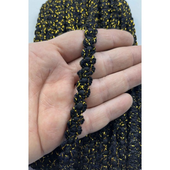 Lunaria &Ouml;rg&uuml; Şerit &ndash; 1 cm En &ndash; 1 Metre | Siyah Zemin Altın Sim Dokulu Dekoratif-HG-DS-030