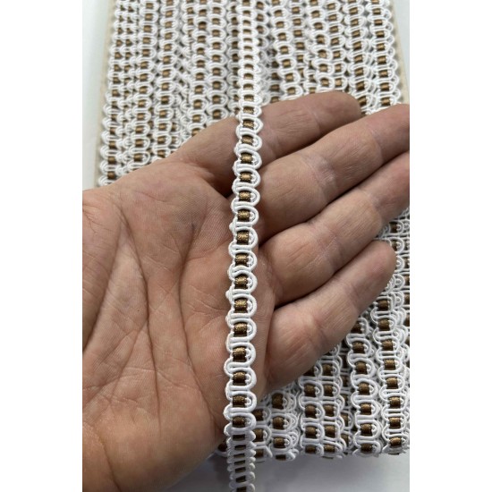 Anemone Dekoratif &Ouml;rg&uuml; Şerit &ndash; 1 cm En &ndash; 1 Metre | Beyaz Zemin Bronz Orta Detaylı-HG-DS-034