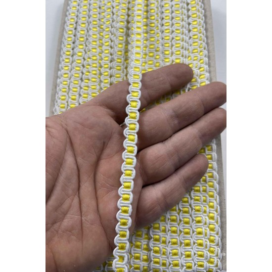 Calendula Dekoratif &Ouml;rg&uuml; Şerit &ndash; 1 cm En &ndash; 1 Metre | Beyaz Zemin Sarı Detaylı-HG-DS-039