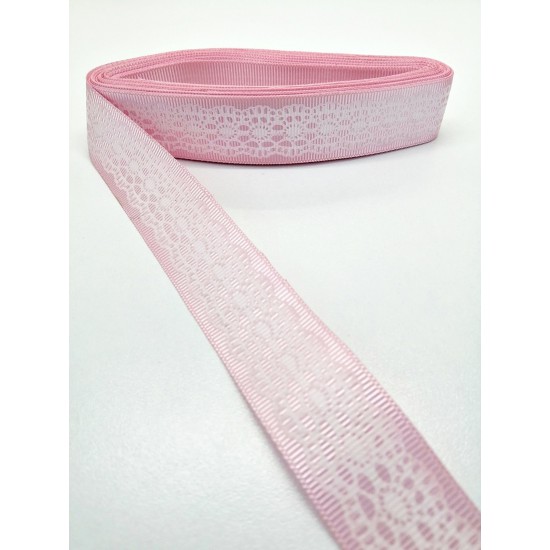 Pembe Dantel Baskılı Grogren Kurdele 2,5 cm 1 Metre-HOBG-1026