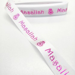 Beyaz Fuşya Maşallah Desenli Grogren Kurdele 2,5 cm 1 Metre-HOBG-1035