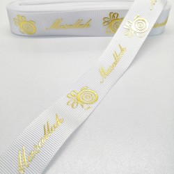 Beyaz Gold Maşallah Desenli Grogren Kurdele 2,5 cm 1 Metre-HOBG-1036