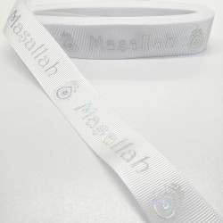 Beyaz Gri Maşallah Desenli Grogren Kurdele 2,5 cm 1 Metre-HOBG-1037