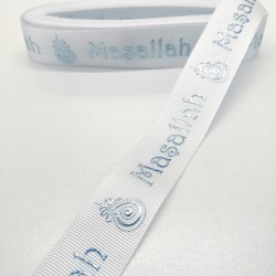 Beyaz Mavi Maşallah Desenli Grogren Kurdele 2,5 cm 1 Metre-HOBG-1038