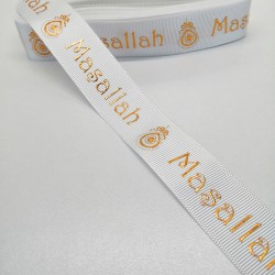 Beyaz Sarı Maşallah Desenli Grogren Kurdele 2,5 cm 1 Metre-HOBG-1040