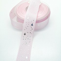 Pembe Yıldız Desenli Tafta Kurdele 2,5 cm 1 Metre-HOBG-1073