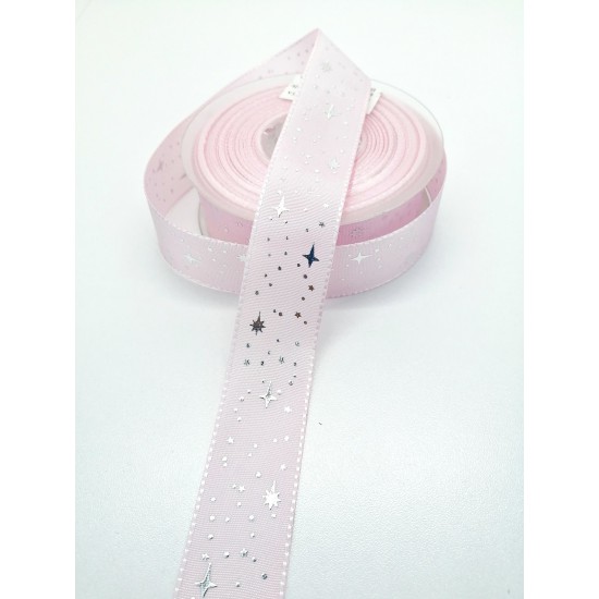 Pembe Yıldız Desenli Tafta Kurdele 2,5 cm 1 Metre-HOBG-1073