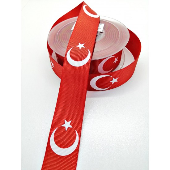 Kırmızı Türk Bayraklı Saten Kurdele 3 cm 1 Metre-HOBG-1082