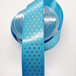 Mavi Gümüş Puantiyeli Saten Kurdele 4 cm 1 Metre-HOBG-1104 Mavi Gümüş Puantiyeli Saten Kurdele 4 cm 1 Metre-HOBG-1104