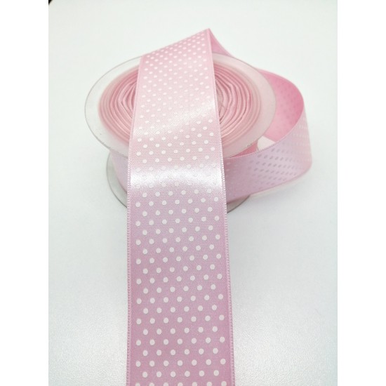 Pembe Puantiye Baskılı Saten Kurdele 4 cm 1 Metre-HOBG-1131