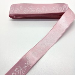 Pembe Yaprak Desenli Saten Kurdele 2,5 cm 1 Metre-HOBG-1149