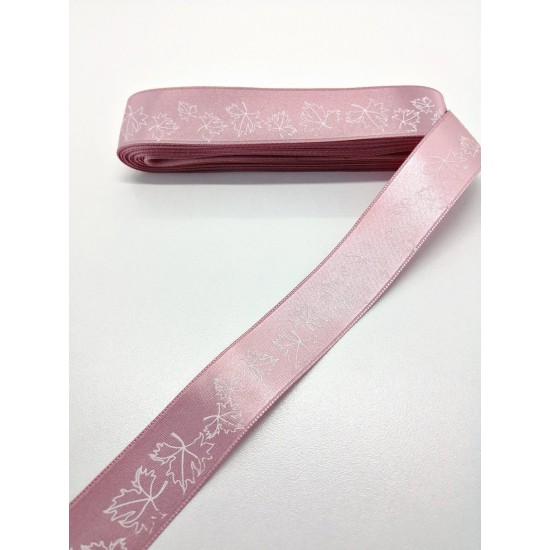 Pembe Yaprak Desenli Saten Kurdele 2,5 cm 1 Metre-HOBG-1149