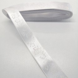 Beyaz Yaprak Desenli Saten Kurdele 2,5 cm 1 Metre-HOBG-1151