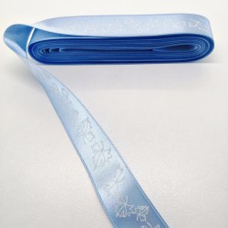 Bebe Mavi Yaprak Desenli Saten Kurdele 2,5 cm 1 Metre-HOBG-1152