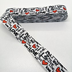 Beyaz Love Desenli Grogren Kurdele 2,5 cm 1 Metre-HOBG-1171