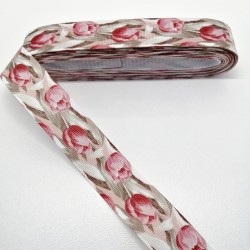 Pembe Gül Desenli Grogren Kurdele 2,5 cm 1 Metre-HOBG-1177