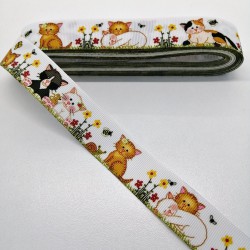 Beyaz Kedi Desenli Grogren Kurdele 2,5 cm 1 Metre-HOBG-1181
