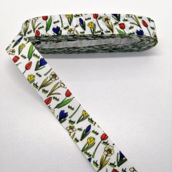 Beyaz Lale Desenli Grogren Kurdele 2,5 cm 1 Metre-HOBG-1184