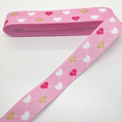 Pembe Kalp Desenli Grogren Kurdele 2,5 cm 1 Metre-HOBG-1193