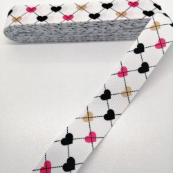 Beyaz Kalp Desenli Grogren Kurdele 2,5 cm 1 Metre-HOBG-1194