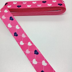 Fuşya Kalp Desenli Grogren Kurdele 2,5 cm 1 Metre-HOBG-1195