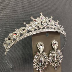 Gümüş Rengi Kristal Taşlı Camlı Taç Ve Küpe Takımı-HYTAC-21 Gümüş Rengi Kristal Taşlı Camlı Taç Ve Küpe Takımı-HYTAC-21