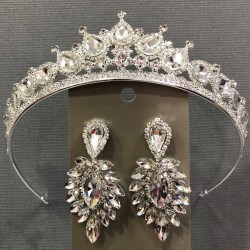 Gümüş Rengi Kristal Taşlı Camlı Taç Ve Küpe Takımı-HYTAC-21 Gümüş Rengi Kristal Taşlı Camlı Taç Ve Küpe Takımı-HYTAC-21