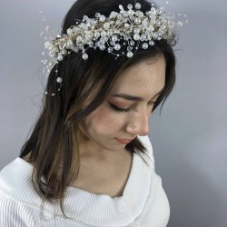 Krem İncili Kristalli Ve Hasırlı Kına Gelin Tacı-INCILITC-1