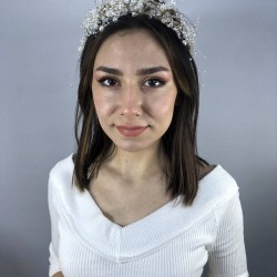 Krem İncili Kristalli Ve Hasırlı Kına Gelin Tacı-INCILITC-1