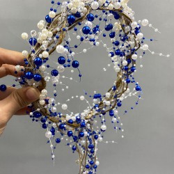 Saks Mavi İncili Kristalli Ve Hasırlı Kına Gelin Tacı-INCILITC-10