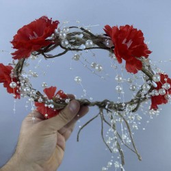 Kırmızı Çiçekli İncili Dış Çekim Saç Aksesuarı Gelin Tacı-INCILITC-21