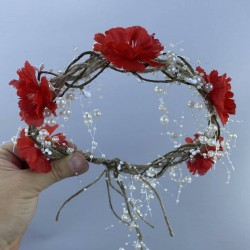 Kırmızı Çiçekli İncili Dış Çekim Saç Aksesuarı Gelin Tacı-INCILITC-21