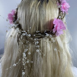 Pembe Çiçekli İncili Dış Çekim Saç Aksesuarı Gelin Tacı-INCILITC-22
