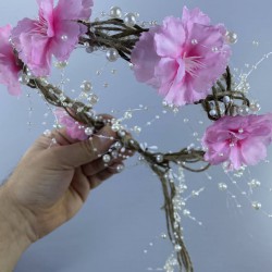 Pembe Çiçekli İncili Dış Çekim Saç Aksesuarı Gelin Tacı-INCILITC-22