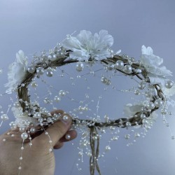 Beyaz Çiçekli İncili Dış Çekim Saç Aksesuarı Gelin Tacı-INCILITC-23